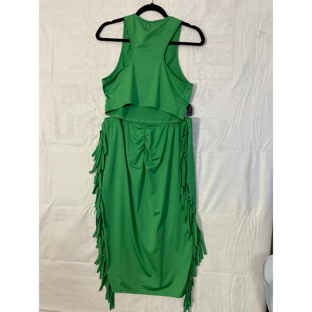 SHEIN Curve 2 Piece Skirt Set Womens 0XL Green Fringe Crop Top Midi Skirt Co-ord - Picture 8 of 11